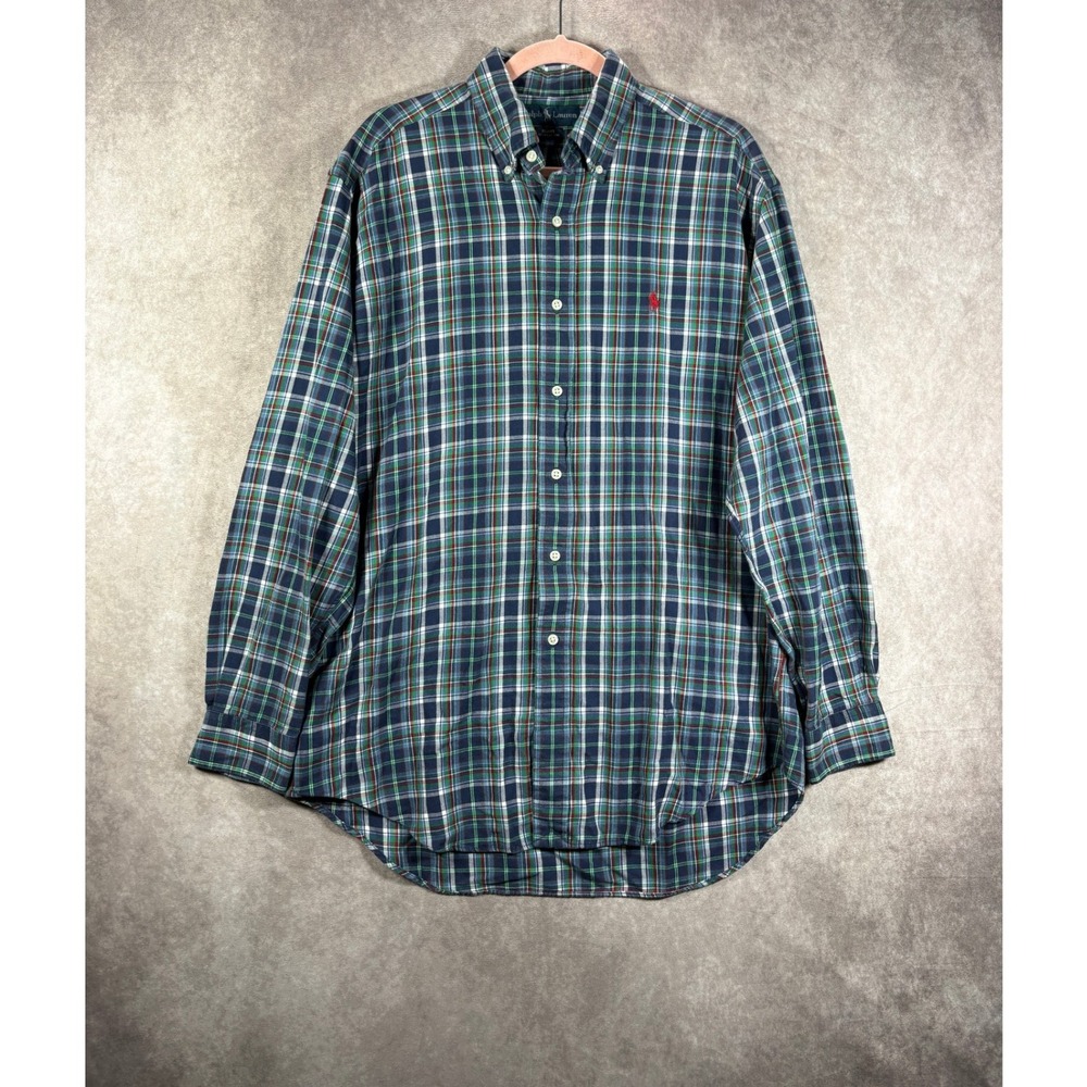Ralph Lauren Button Down Shirt Mens M Blue Green Blake Plaid Cotton Long Sleeve